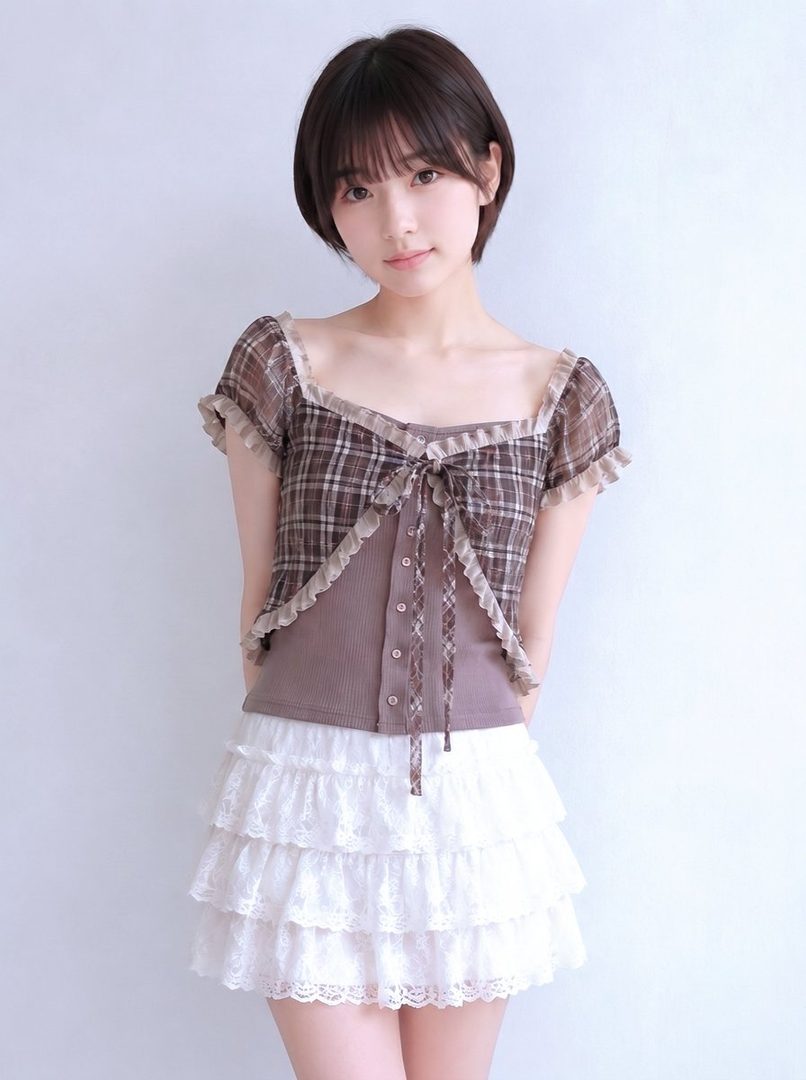 A young woman with short brown hair wears a plaid top and a white tiered lace skirt, posing indoors.