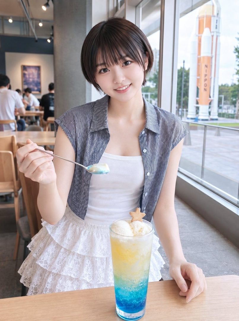 A young woman with short brown hair smiles while holding a spoon with a dessert, sitting at a table with a colorful drink in front of a window overlooking a rocket.