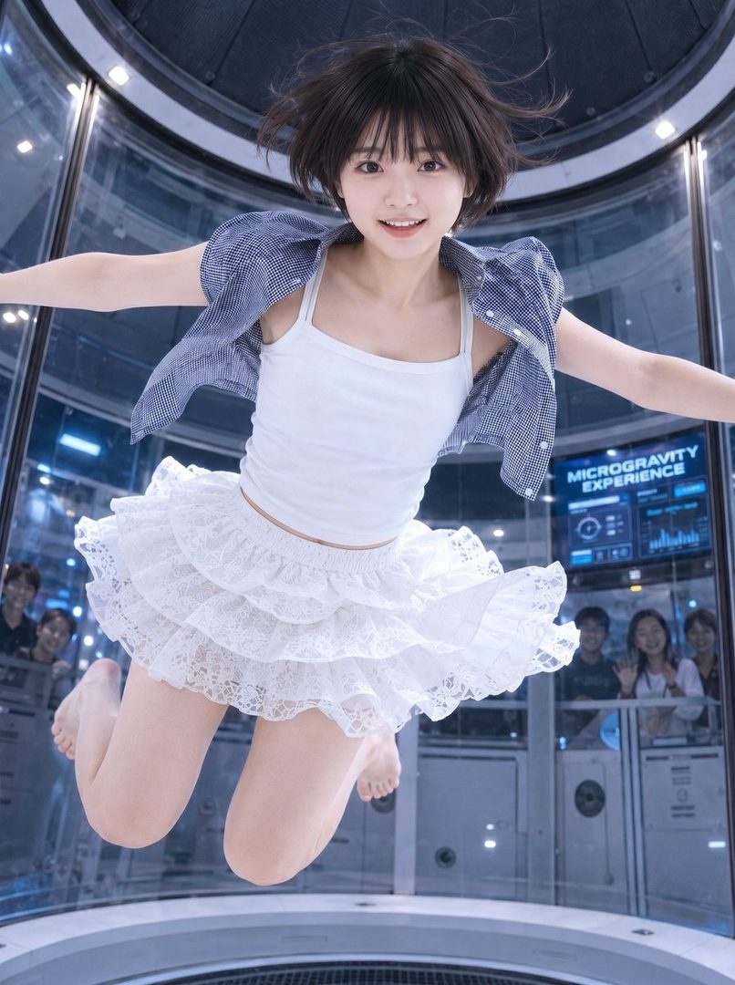 A young woman with short black hair and a white ruffled skirt appears to be floating in an indoor microgravity experience chamber, smiling at the camera.