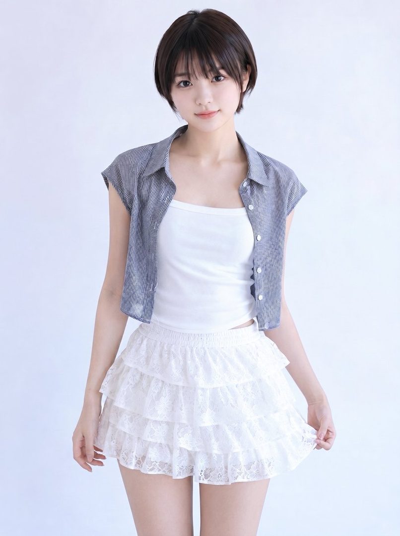 A young woman with short brown hair wears a white tank top, a short-sleeved checkered shirt, and a white tiered lace skirt.