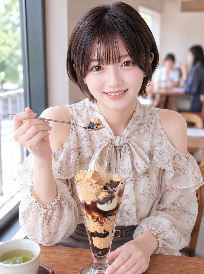 A young woman with short brown hair and bangs smiles while holding a spoon with a dessert in a cafe.