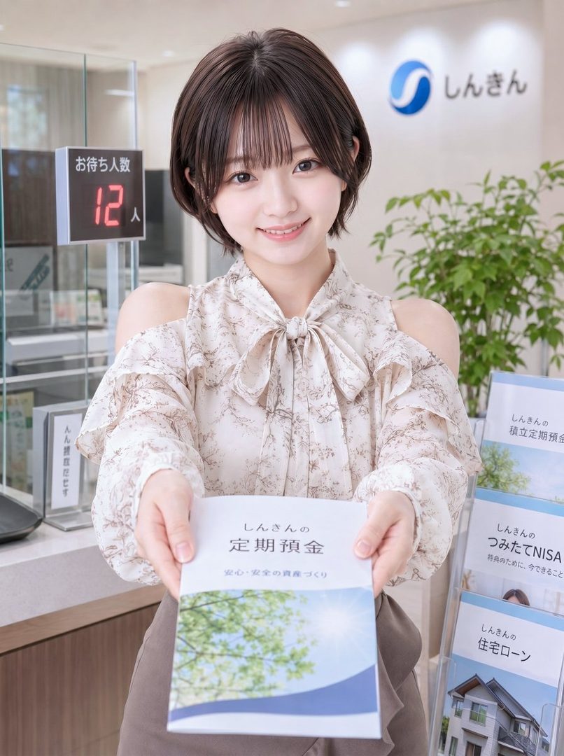 A young woman with short brown hair and bangs, wearing a floral blouse, smiles while holding out a brochure in an indoor setting that appears to be a bank or office.