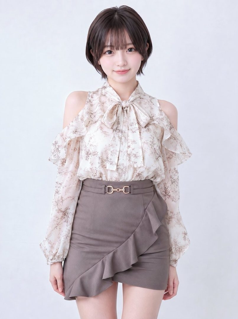 A young woman with short brown hair and bangs smiles softly, wearing a floral off-the-shoulder blouse with a bow and a ruffled gray mini skirt, posing in a studio.