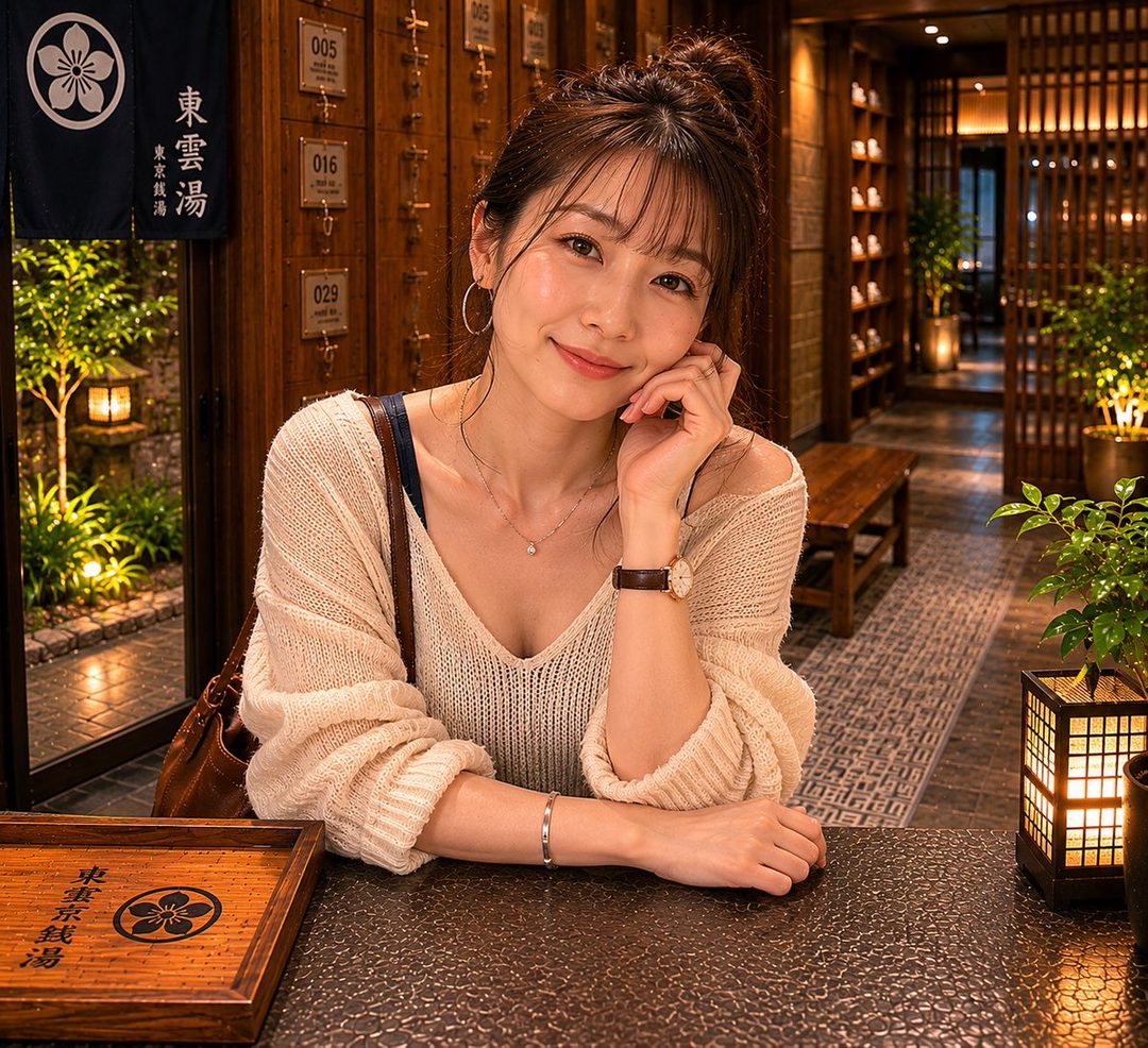 A young woman with brown hair tied in a messy bun and bangs, wearing an off-shoulder knit sweater, smiles gently while sitting at a table in a warm, traditionally decorated Japanese interior.