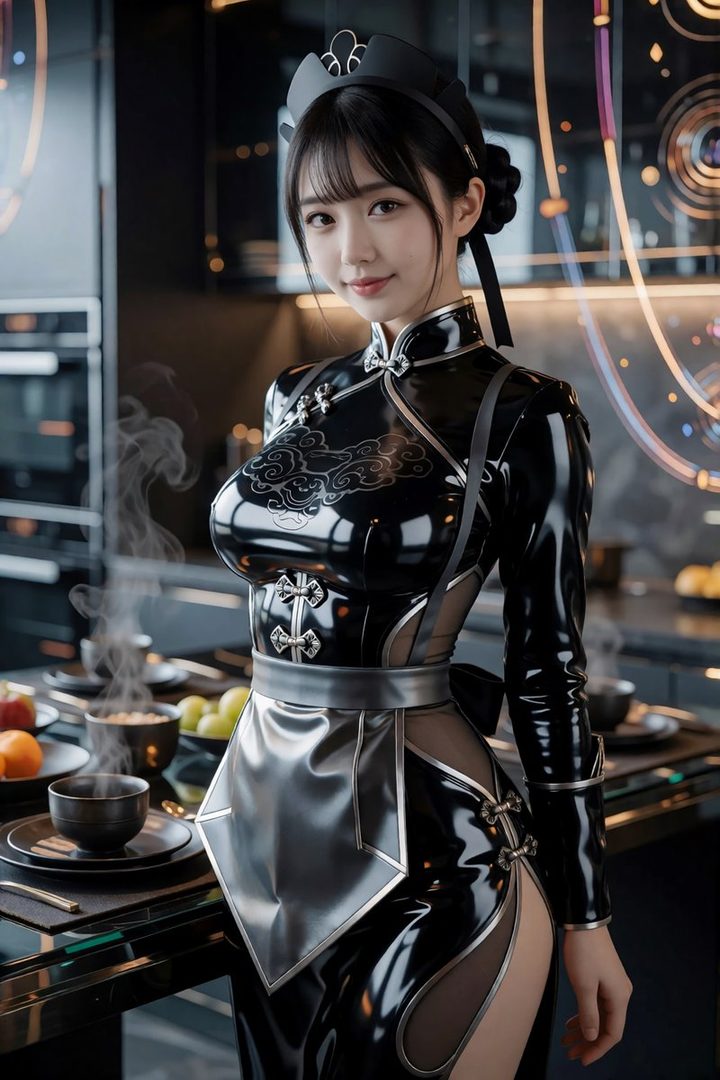 A woman in a shiny black cheongsam-style dress and a maid-like headpiece stands in a modern kitchen.