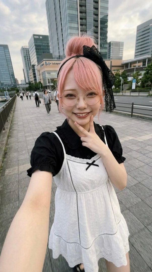 A young woman with pink hair in a bun and glasses smiles at the camera while making a peace sign on a city street.