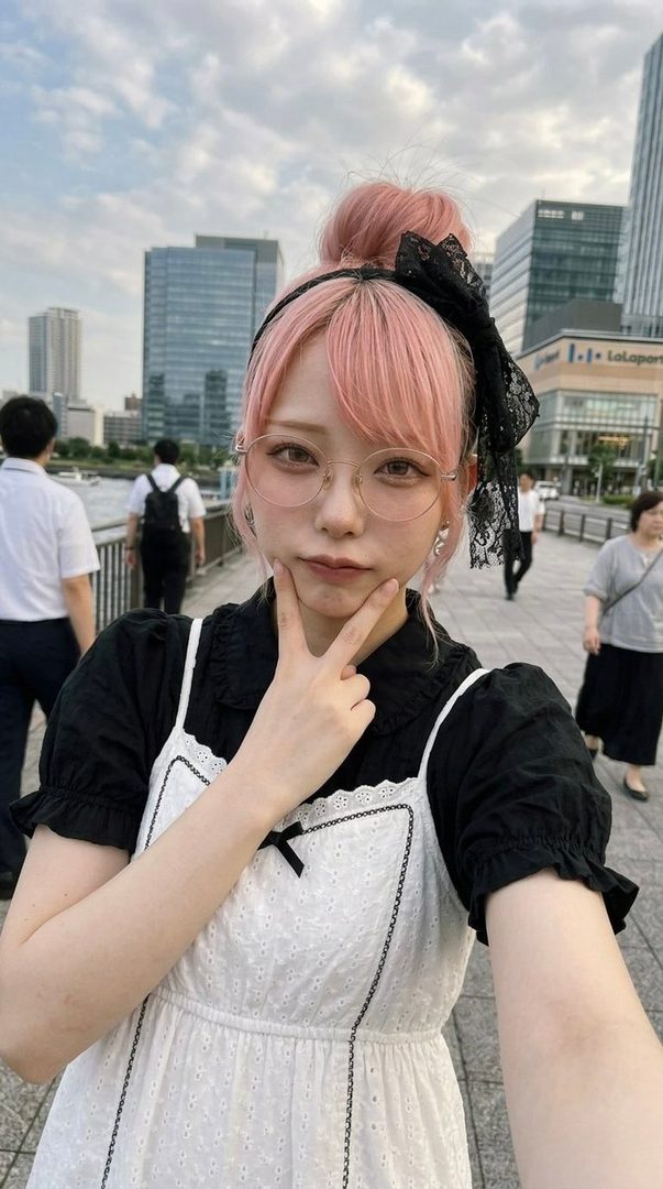 A young woman with pink hair in a bun and a black lace bow, wearing glasses, a black blouse, and a white pinafore dress, takes a selfie outdoors with a city background.