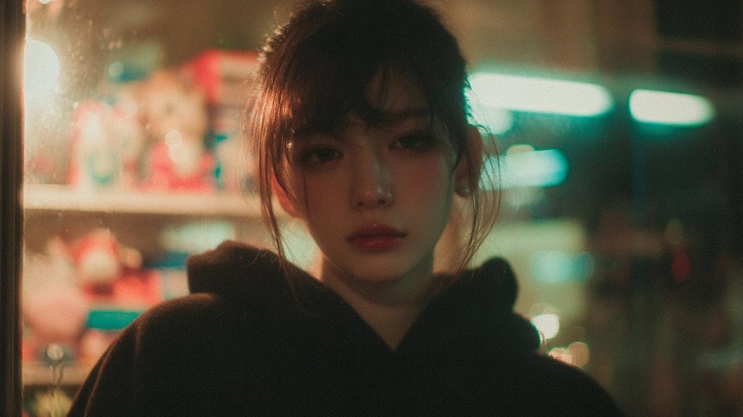 A photorealistic portrait of a young woman with bangs and a dark hoodie, illuminated by soft, colorful lights in the background.