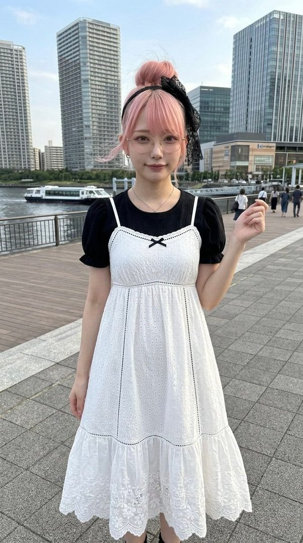 A young woman with pink hair in a bun and glasses wears a white sundress over a black t-shirt, standing by a city waterfront with skyscrapers in the background.