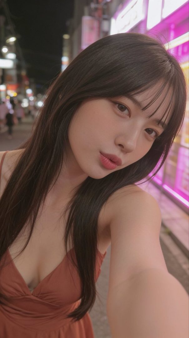A young woman with long dark hair and bangs takes a selfie on a city street at night, wearing a rust-colored dress.