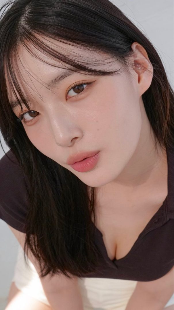 A photorealistic portrait of an East Asian woman with long black hair and bangs, wearing a dark top, looking directly at the camera with a slightly parted lips expression.