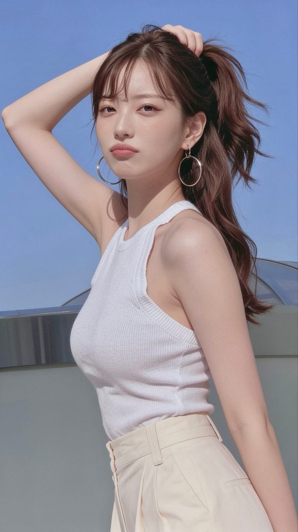 A young woman with brown hair tied in a ponytail and bangs, wearing a white tank top and light pants, poses outdoors under a clear blue sky.