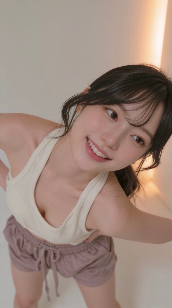 A smiling young woman with black hair and bangs, wearing a light-colored tank top and shorts, looks up at the camera.