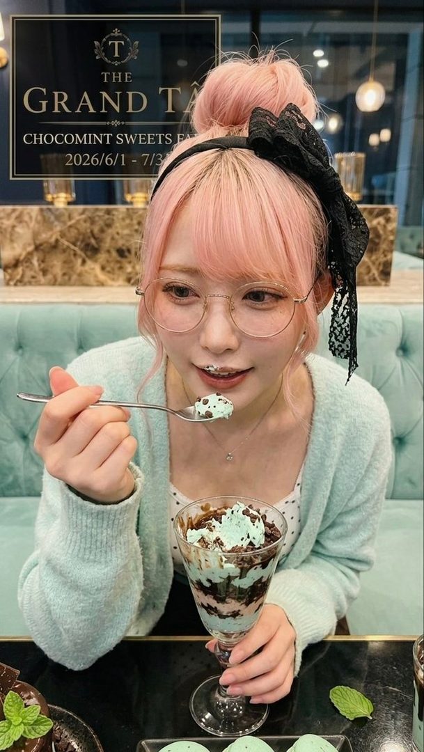 A woman with pink hair and glasses is happily eating a chocomint parfait in a cafe, with some cream on her lip.