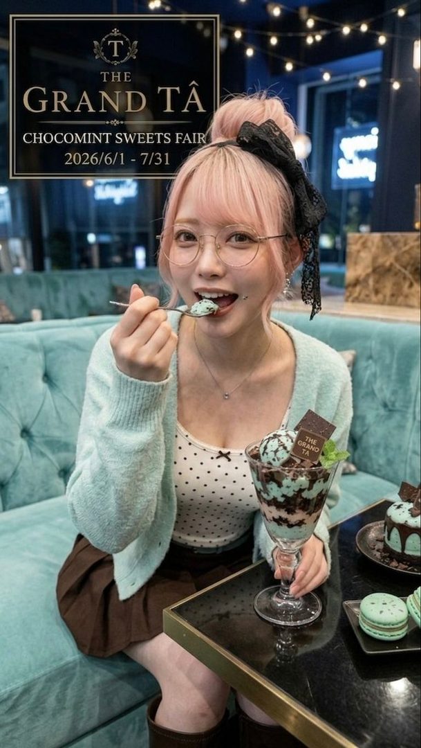 A young woman with pink hair and glasses smiles while eating a chocomint parfait at a cafe, promoting The Grand Ta's Chocomint Sweets Fair.