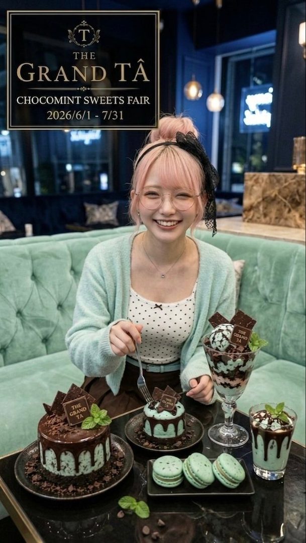 A smiling woman with pink hair and glasses is sitting on a mint green sofa, enjoying various mint chocolate desserts at a cafe.