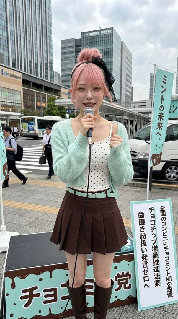A young woman with pink hair, wearing a mint green cardigan and brown pleated skirt, speaks into a microphone on a city street next to a sign about 'Choco Mint Party'.