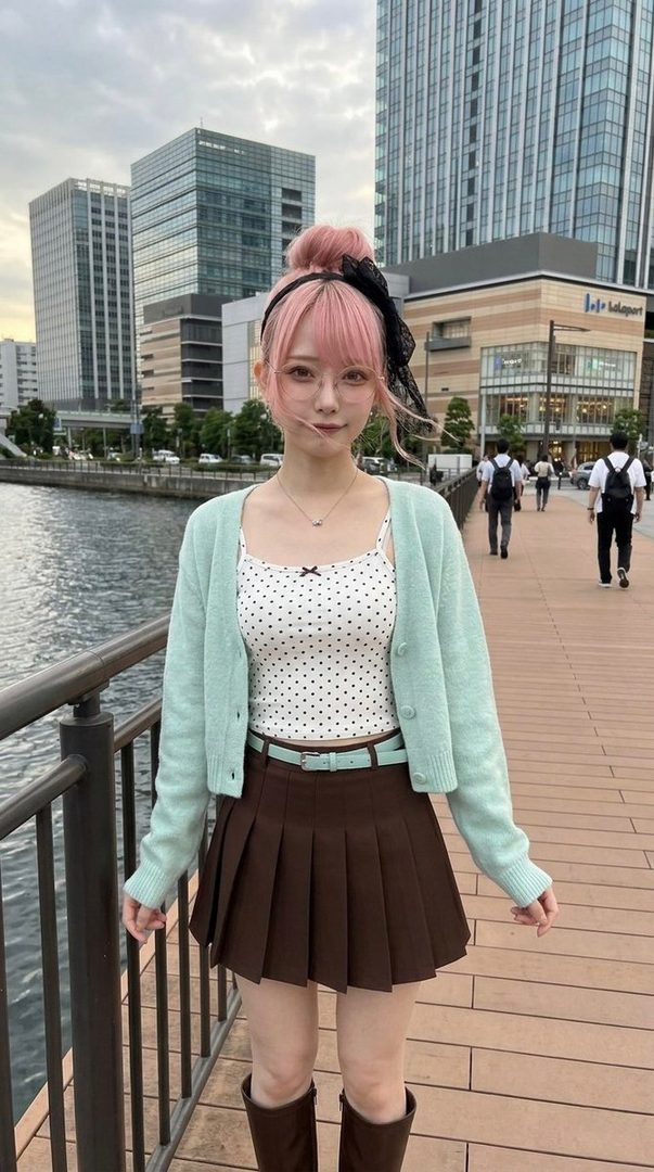 A young woman with pink hair tied in a bun and wearing glasses, a light green cardigan, a polka dot top, and a brown pleated skirt, stands on a boardwalk next to a river with city buildings in the background.