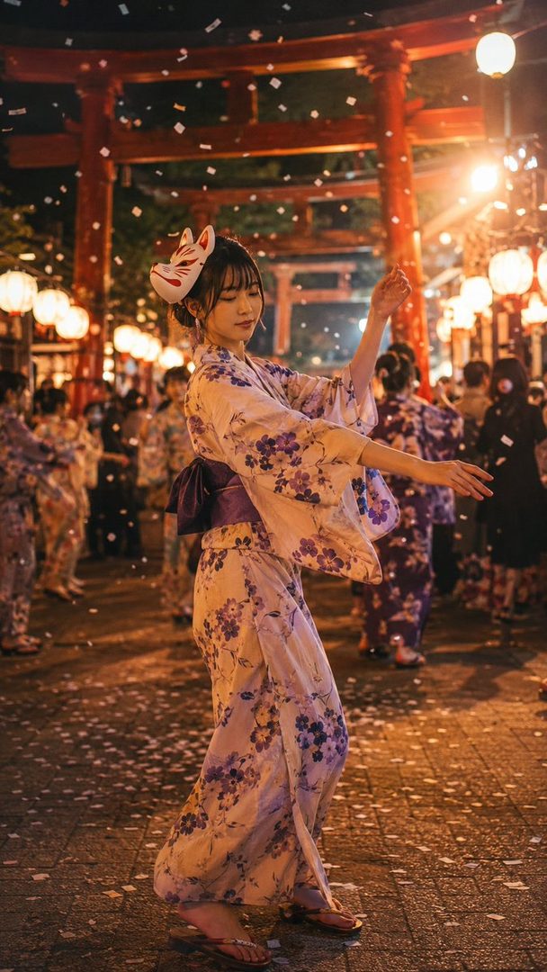 A woman in a floral kimono and fox mask dances under falling confetti at a night festival with red torii gates and lanterns.