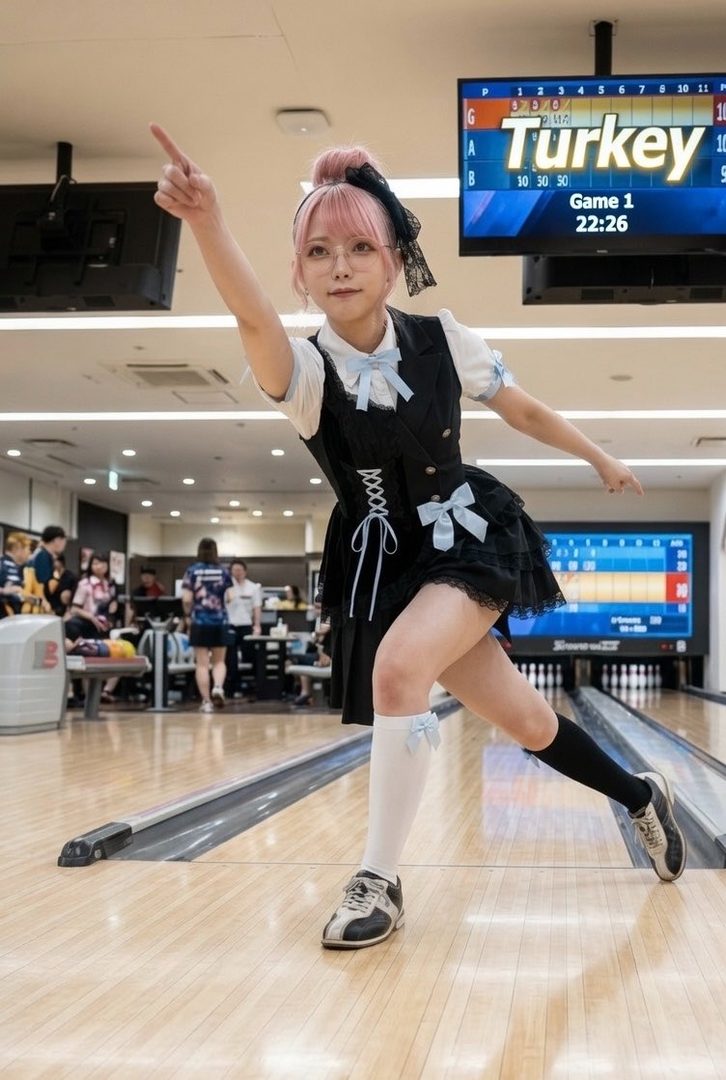 A young woman with pink hair in a maid-style outfit and glasses is striking a pose at a bowling alley, pointing her finger upwards.