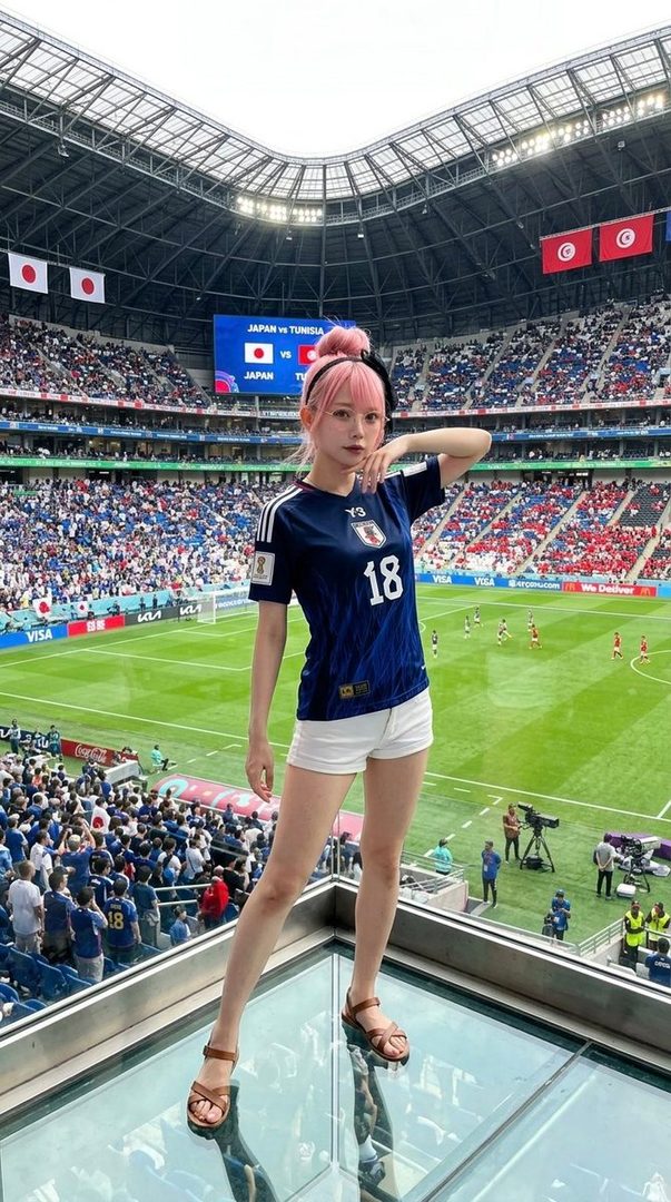 A young woman with pink hair wearing a Japan soccer jersey and white shorts stands on a glass floor overlooking a soccer stadium.