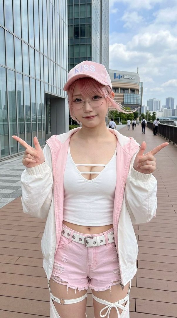 A young woman with pink hair and glasses wears a pink cap, white crop top, pink ripped shorts, and a white jacket, posing with peace signs in an urban outdoor setting.