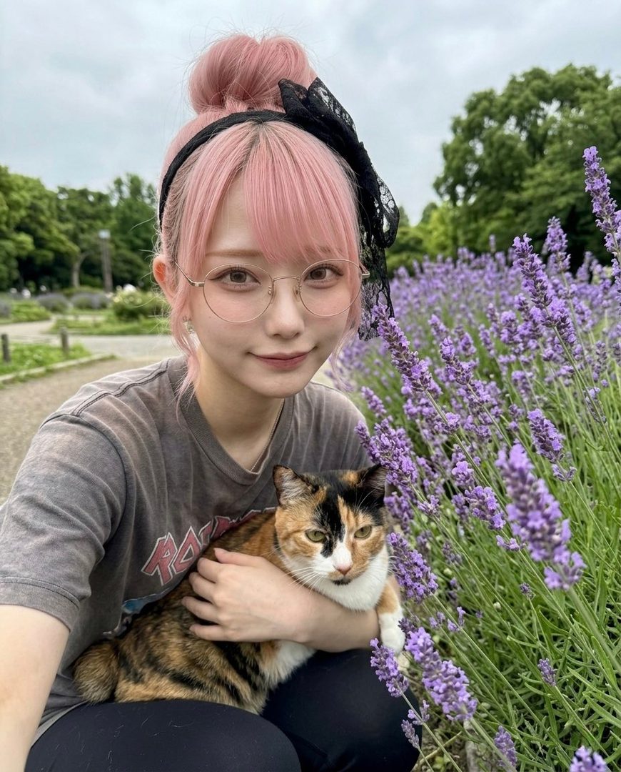 A young woman with pink hair in a bun and glasses holds a calico cat in a field of lavender flowers.
