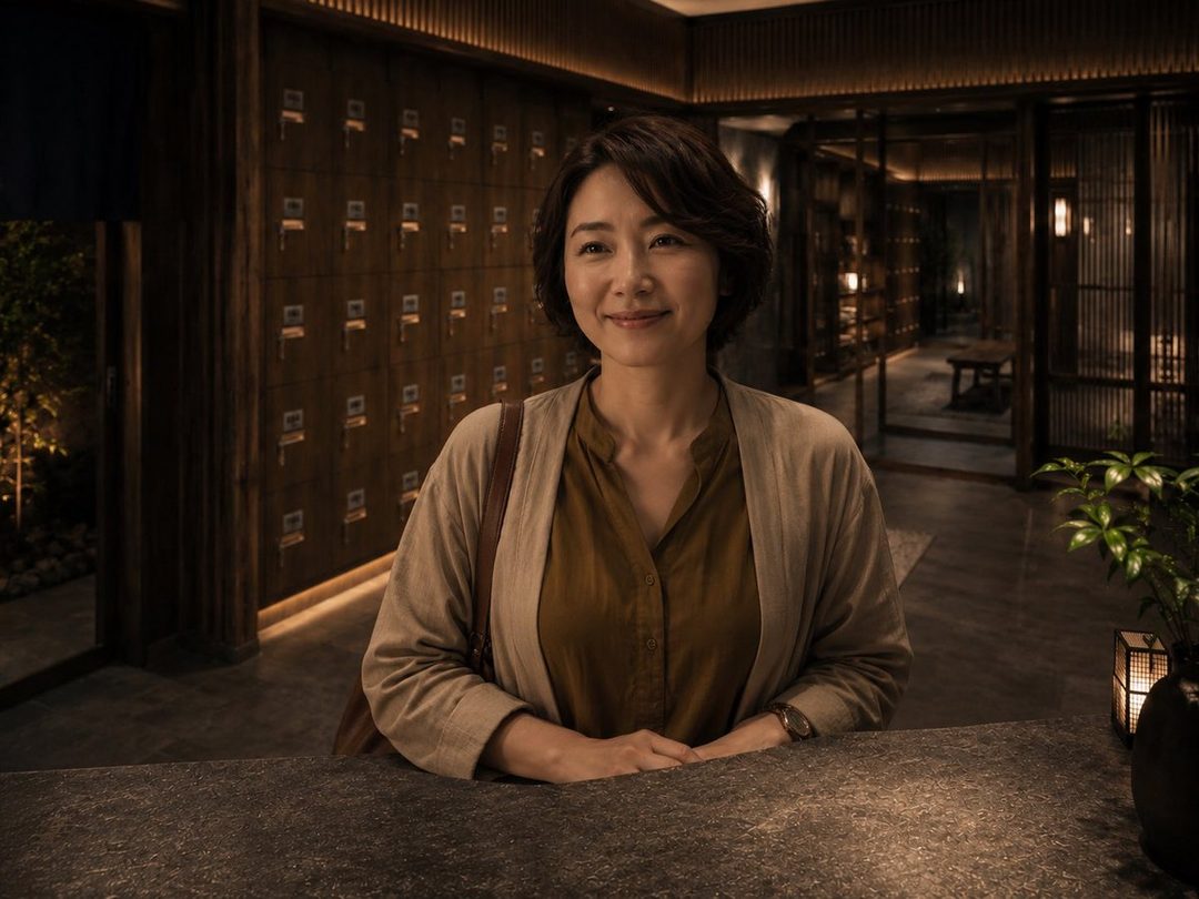 A smiling woman with short dark hair wearing a brown shirt and beige cardigan stands behind a counter in a warmly lit traditional Japanese interior.