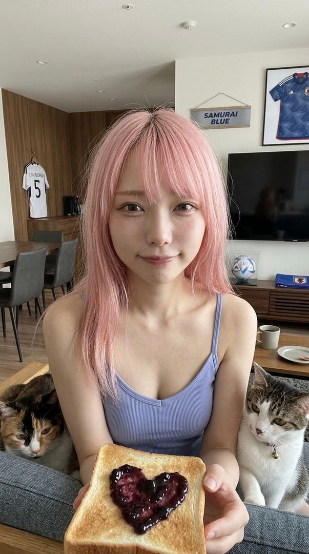 A young woman with pink hair and a light blue camisole holds a piece of toast with heart-shaped jam, flanked by two cats in a cozy living room.