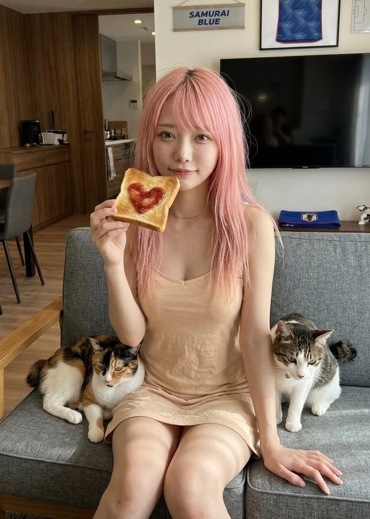 A young woman with pink hair sits on a sofa with two cats, holding a piece of toast with a heart-shaped jam.
