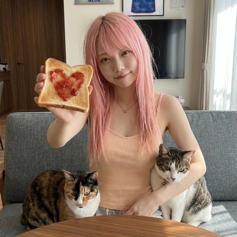 A young woman with pink hair sits on a sofa with two cats, holding up a piece of toast with a heart-shaped jam spread.
