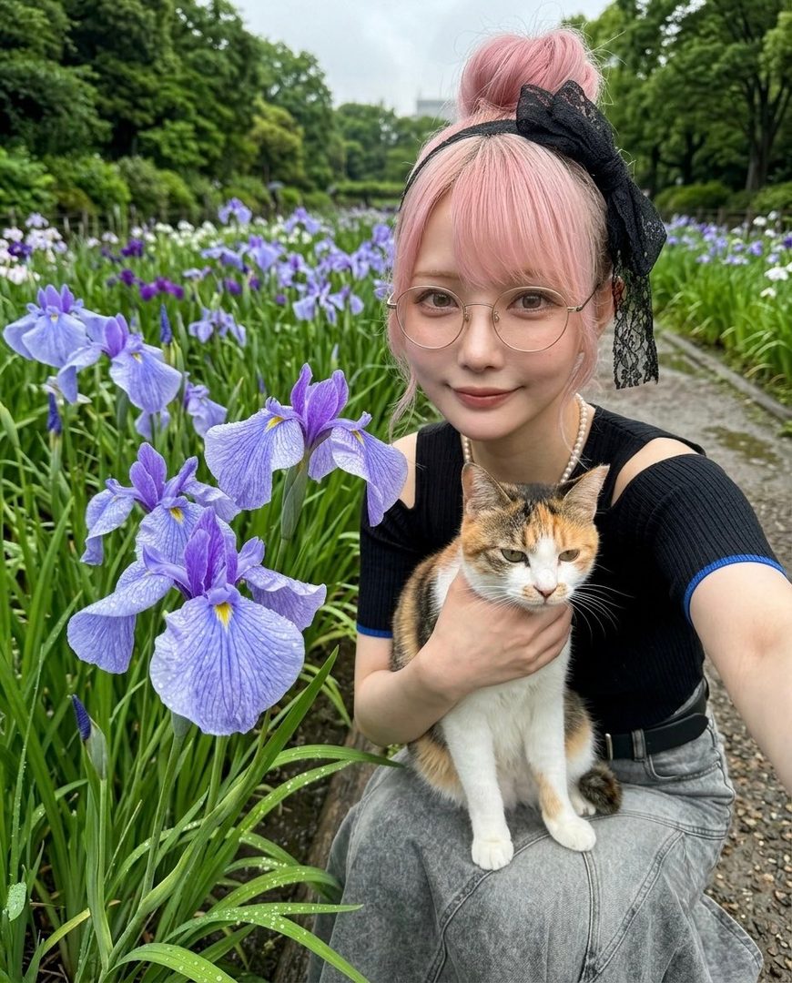 A woman with pink hair and glasses holds a calico cat in a garden filled with purple irises.