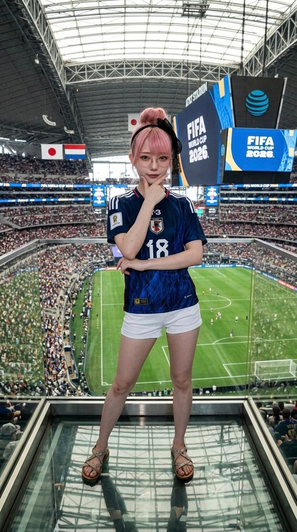A young woman with pink hair and glasses, wearing a Japanese soccer jersey and white shorts, stands in a stadium overlooking a soccer field.