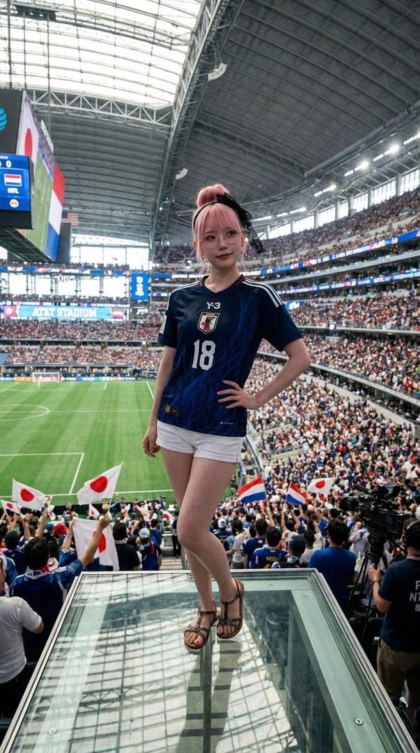 A young woman with pink hair and glasses, wearing a Japan soccer jersey and white shorts, stands on a glass platform overlooking a crowded soccer stadium.