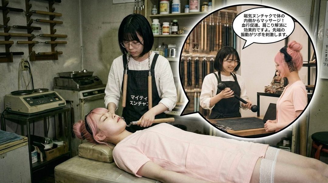 A woman with pink hair lies on a massage table while another woman in an apron uses nunchaku for a massage, with a thought bubble showing a conversation about magnetic nunchaku.