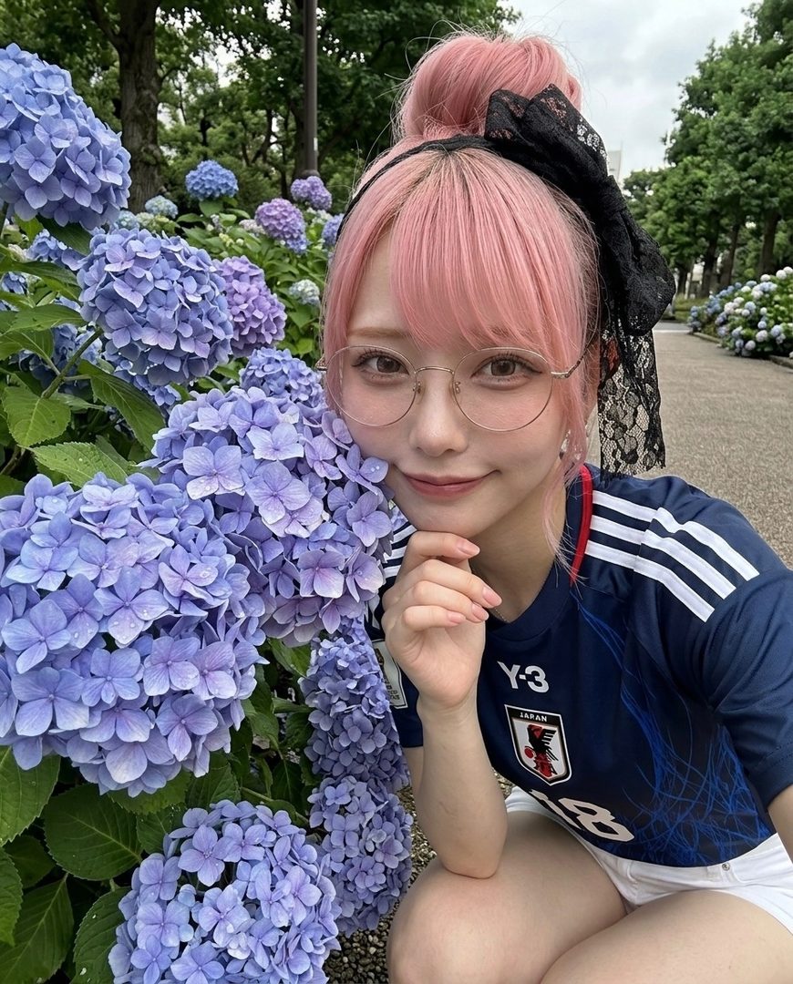 A young woman with pink hair, wearing glasses and a Japan national football team jersey, poses among purple hydrangeas.