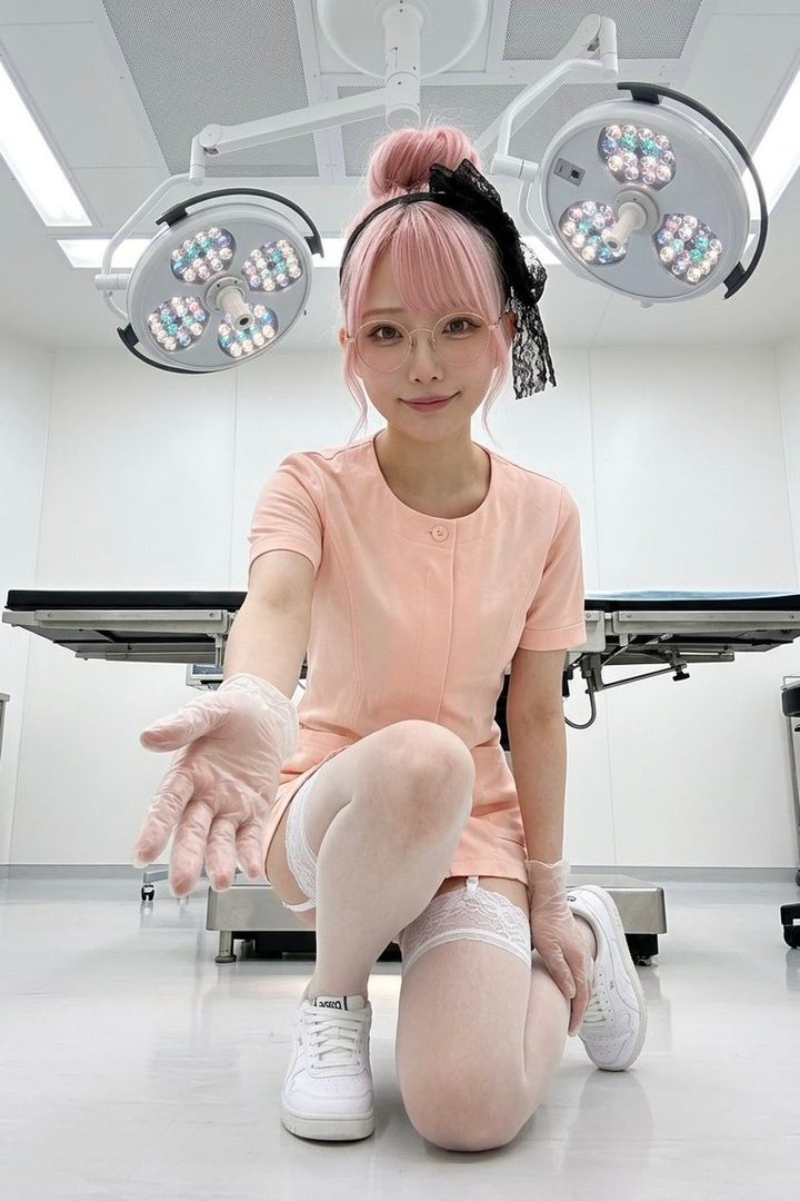 A pink-haired woman in a peach nurse uniform, thigh-high stockings, and glasses kneels in an operating room, extending a gloved hand.