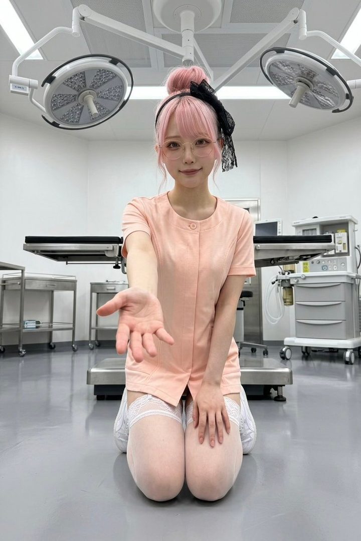 A young woman with pink hair in a bun and a peach scrub top kneels in an operating room, extending her hand towards the viewer.
