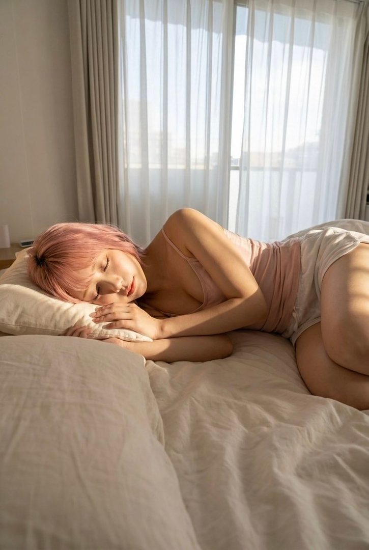 A woman with pink hair is sleeping peacefully on a bed in a sunlit room.