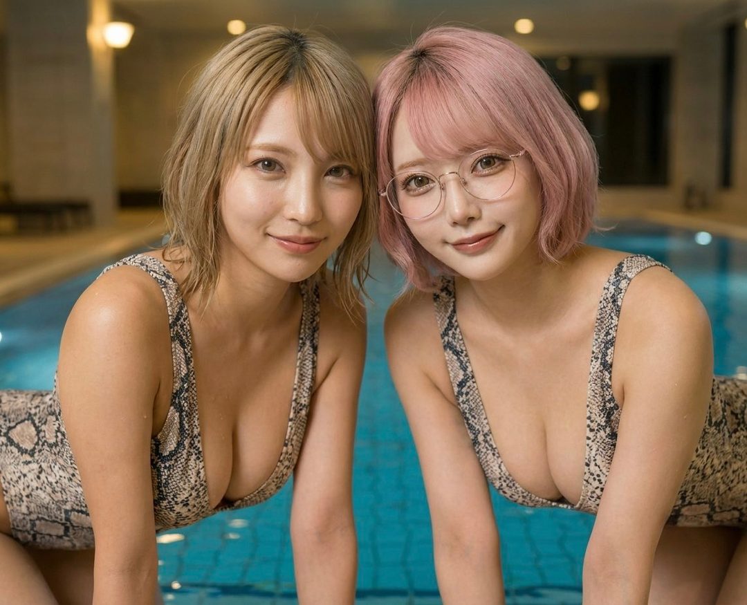 Two women in snake-print swimsuits pose by an indoor pool, one with blonde hair and the other with pink hair and glasses.