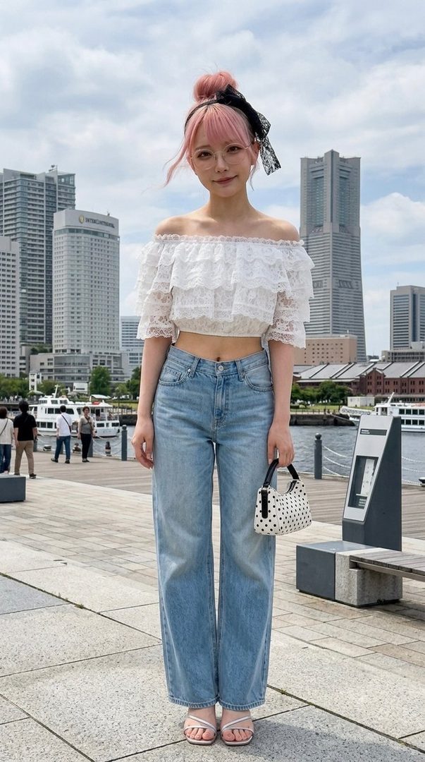 A young woman with pink hair in a bun and a black bow, wearing a white off-shoulder crop top, light wash jeans, and sandals, stands on a city waterfront with skyscrapers in the background.