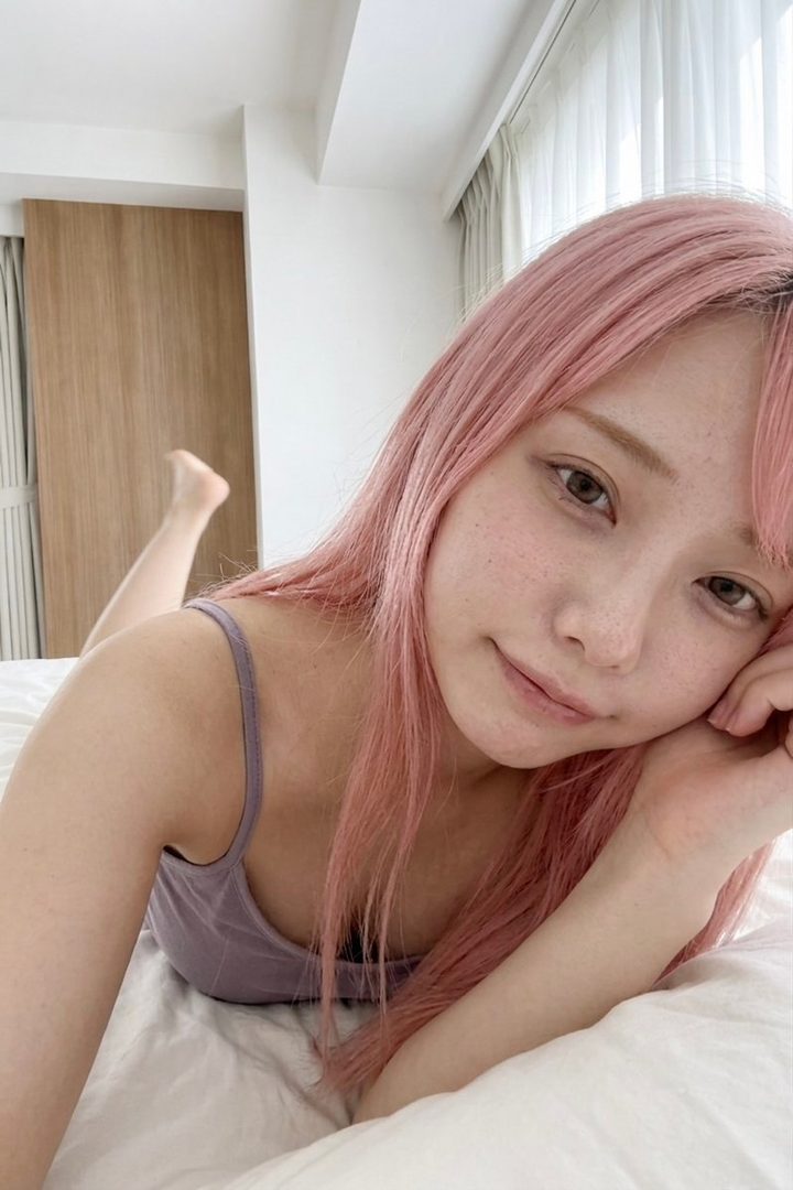 A woman with long pink hair and freckles is lying on a white bed, wearing a purple camisole, looking gently at the camera.