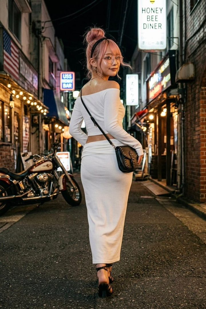 A woman with pink hair and glasses, wearing an off-shoulder top and maxi skirt, looks back over her shoulder on a city street at night.