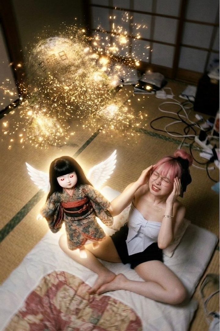 A woman with pink hair and glasses reacts with a pained expression as a glowing, winged Japanese doll sits beside her, surrounded by golden sparkles in a traditional room.