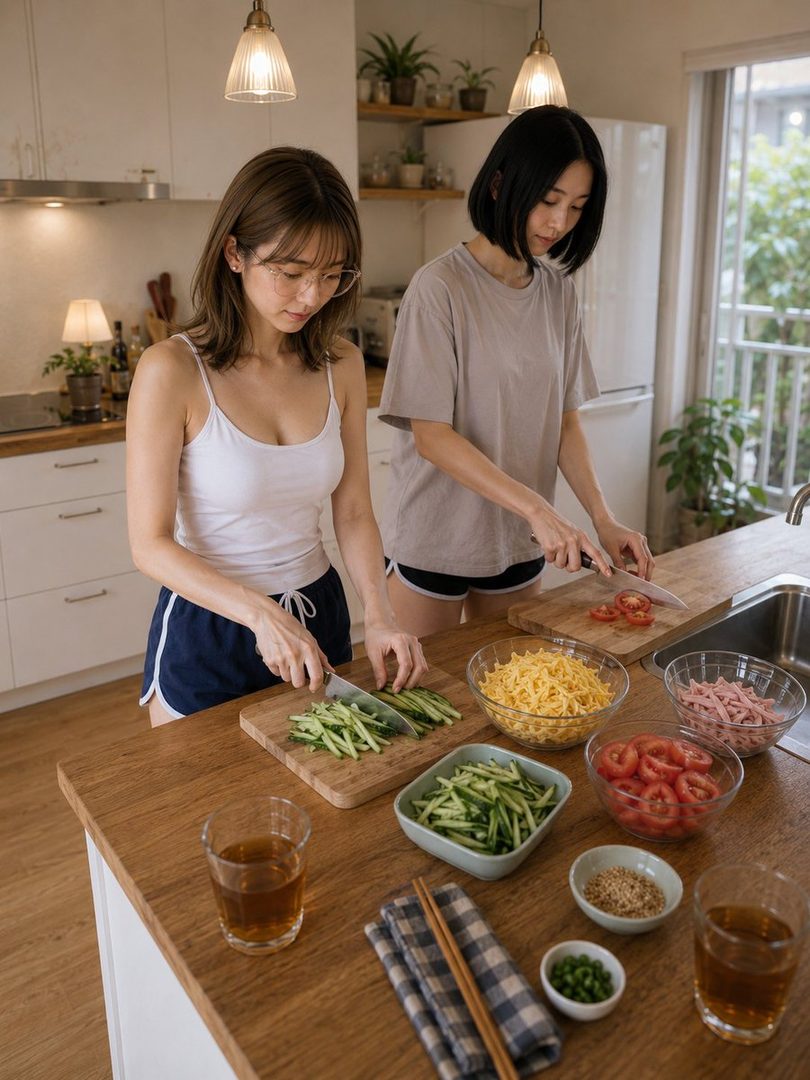 Two young women are preparing a meal together in a bright kitchen, chopping vegetables on a wooden counter.