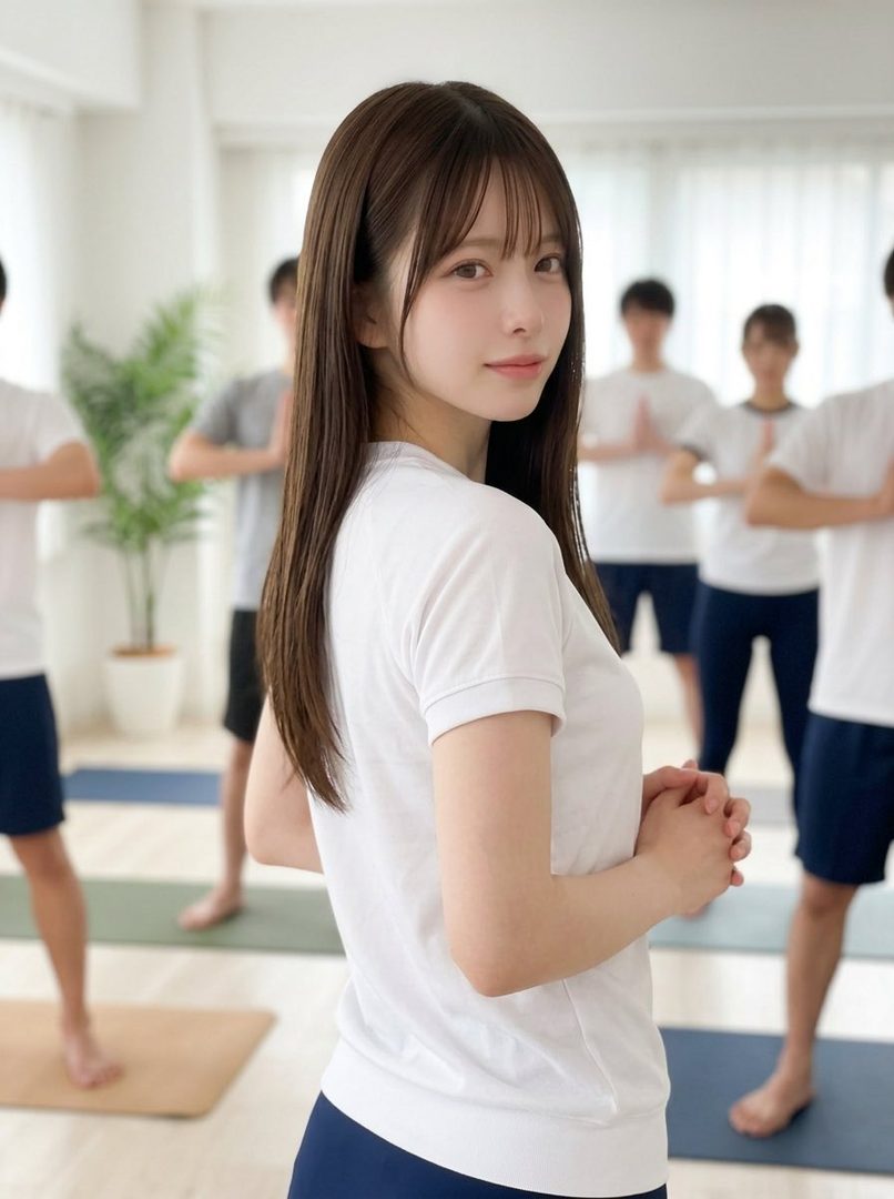 A young woman with long brown hair and bangs, wearing a white t-shirt and blue shorts, looks over her shoulder in an indoor fitness class.