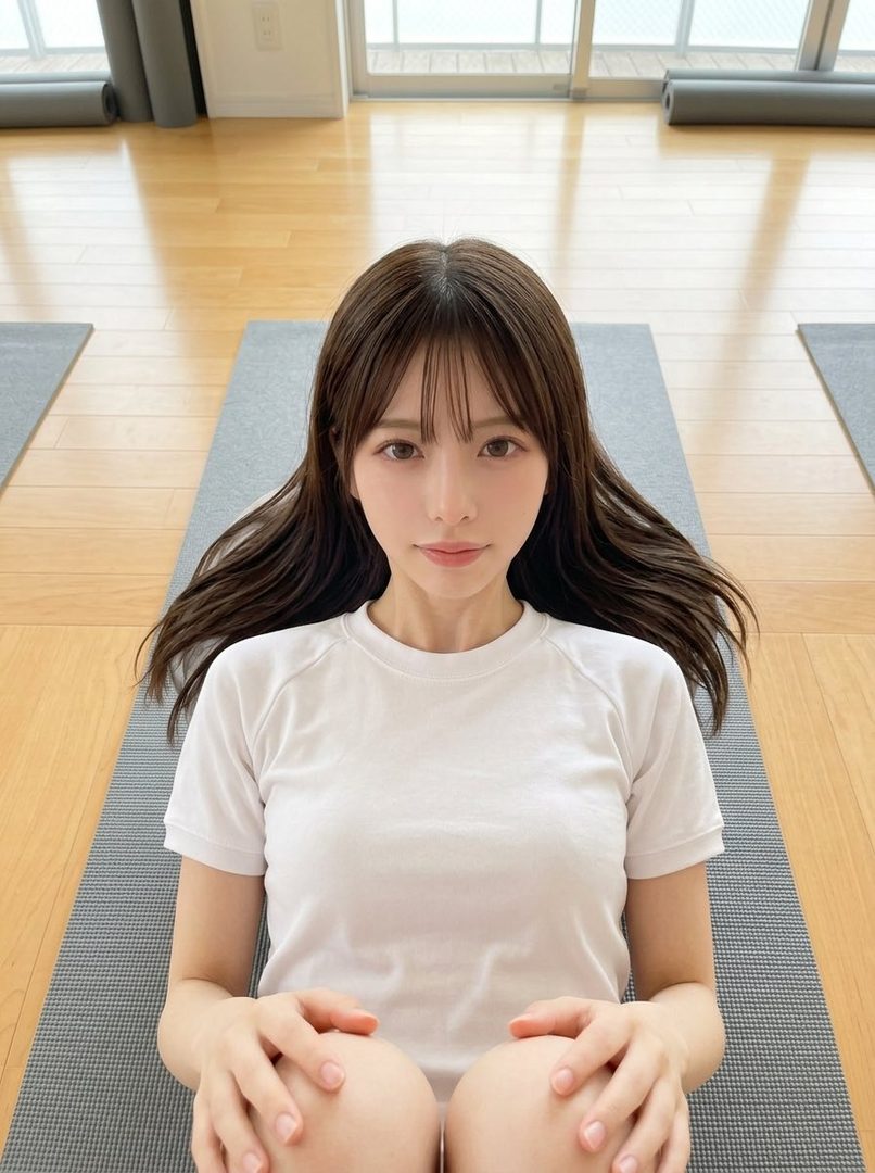 A photorealistic portrait of a young woman with long brown hair and bangs, wearing a white t-shirt, lying on a yoga mat indoors.