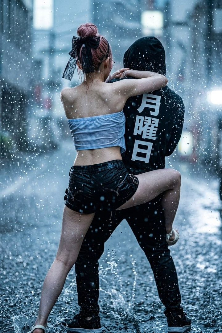 A couple embraces and dances in the rain on a city street at night, with the woman wearing a light blue tube top and black shorts, and the man in a black hoodie with Japanese text.