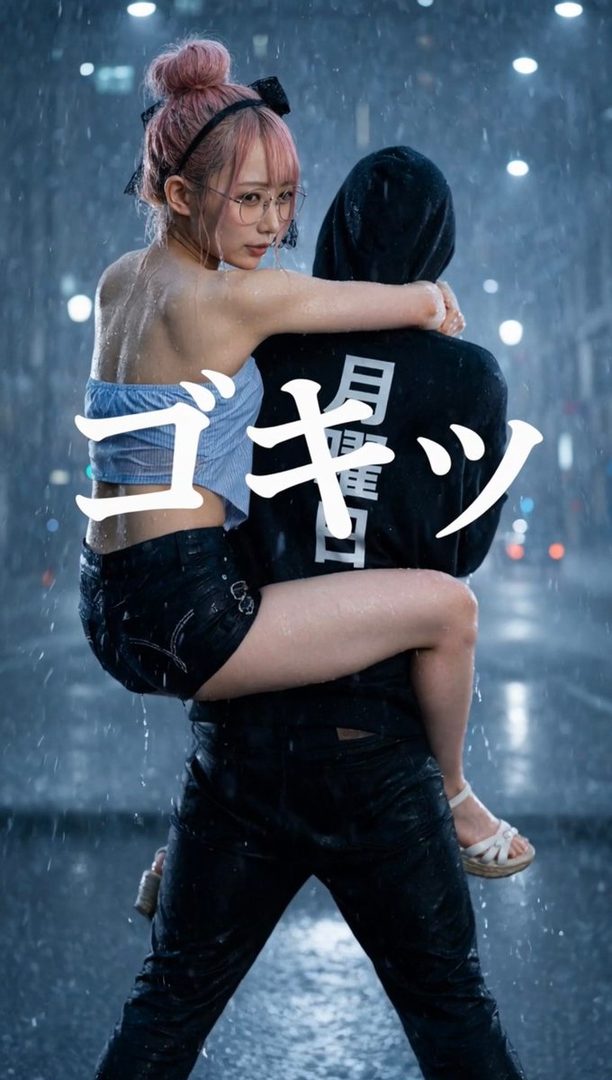 A young woman with pink hair and glasses is getting a piggyback ride from a person in a black hoodie on a rainy city street at night.