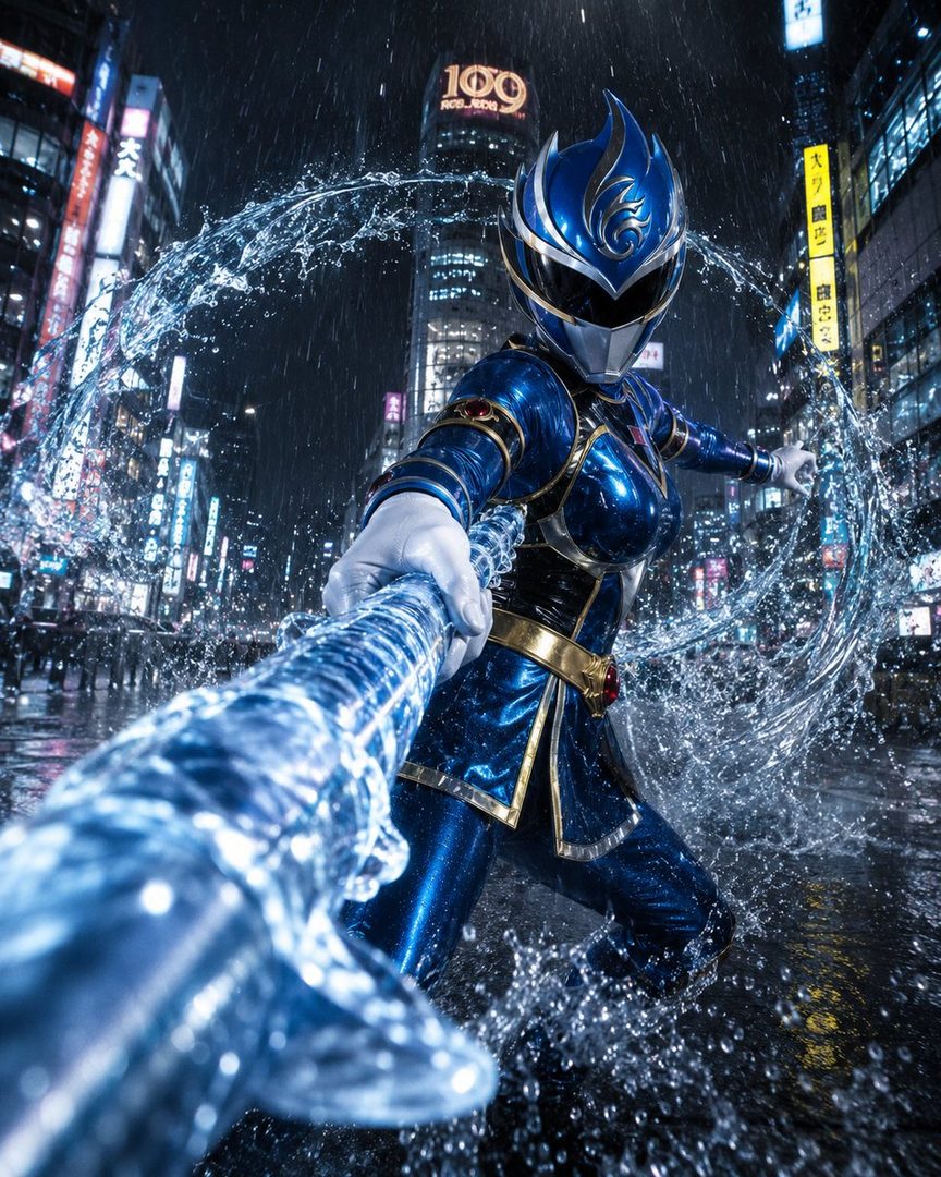 A person in a blue and gold Power Ranger-like suit with a helmet is in a dynamic pose, surrounded by splashing water, on a rainy city street at night.